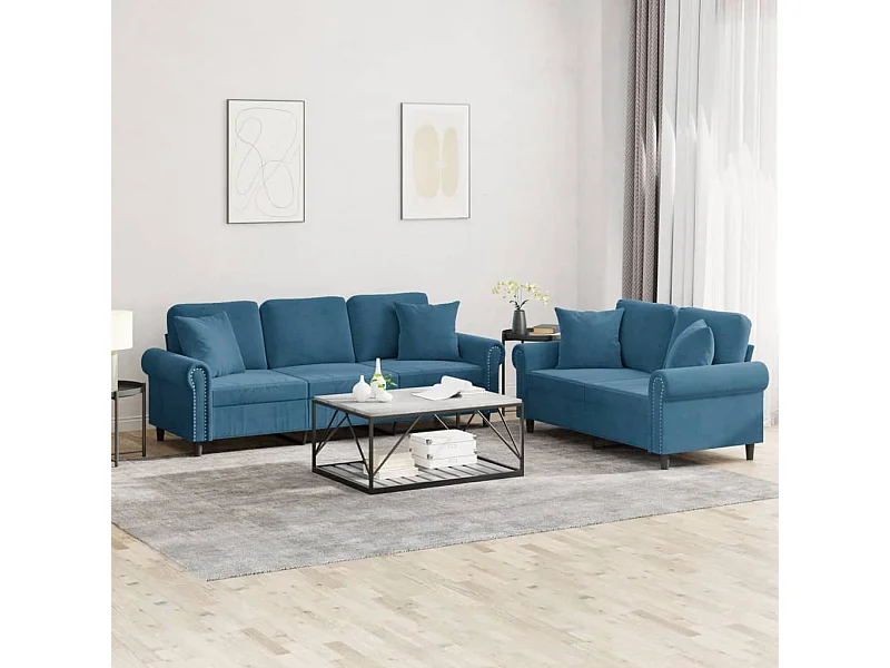 2 pcs conjunto de sofás com almofadas veludo azul