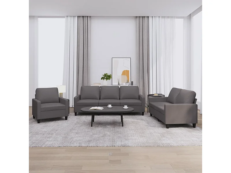 Set di Divani 3 pz con Cuscini Grigio in Similpelle