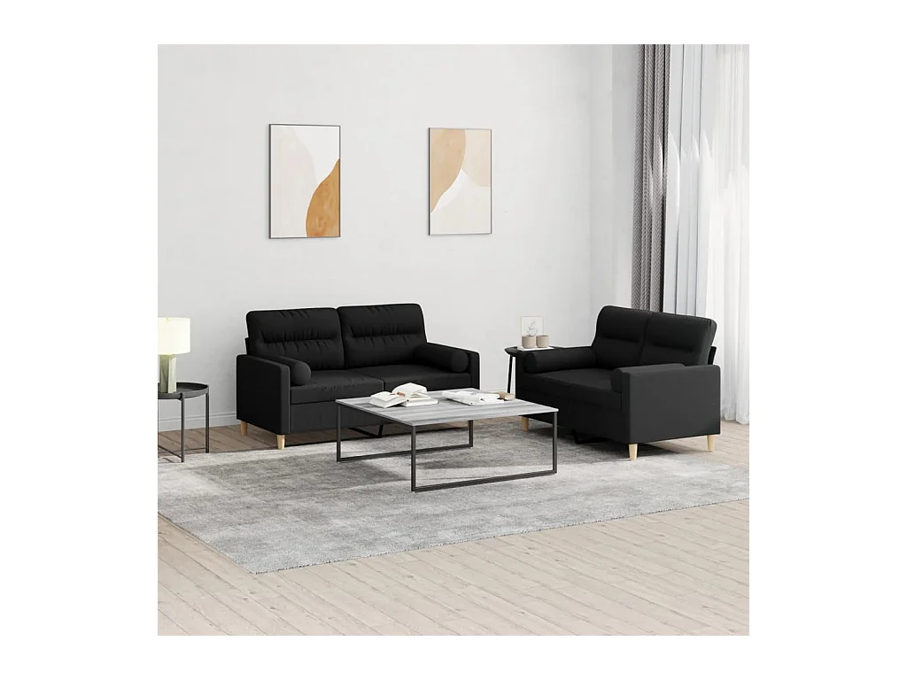 Ensemble de canapés 2 pcs avec coussins noir tissu