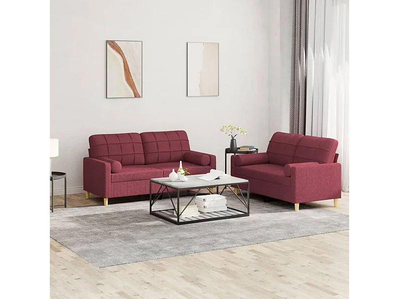 Ensemble de canapés 2 pcs avec coussins rouge bordeaux tissu