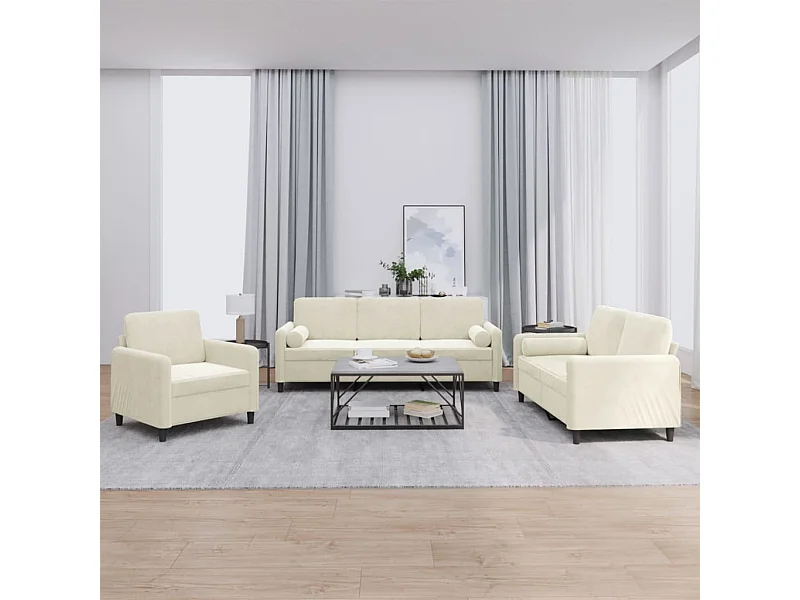 Set di Divani 3 pz con Cuscini Crema in Velluto