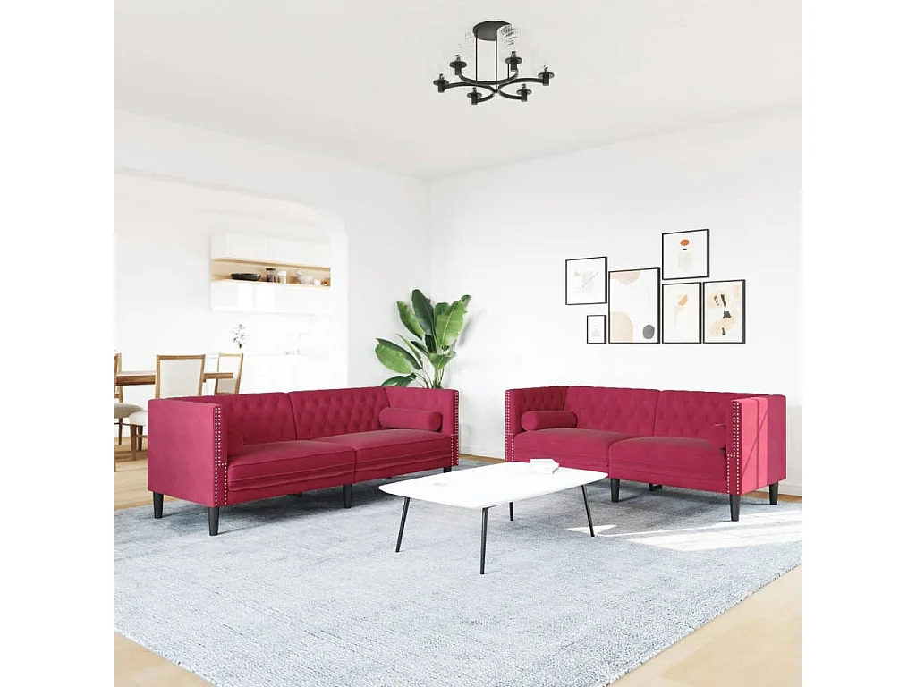 Set Divani Chesterfield 2pz con Cuscini Rosso Vino Velluto