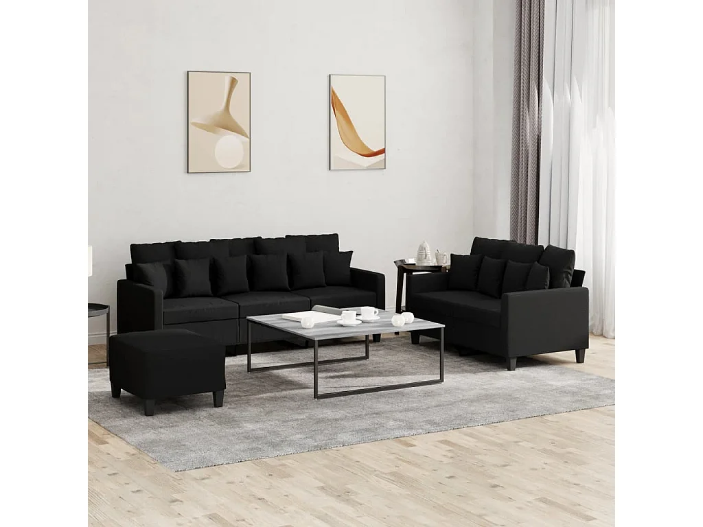 3 pcs conjunto de sofás com almofadões tecido preto