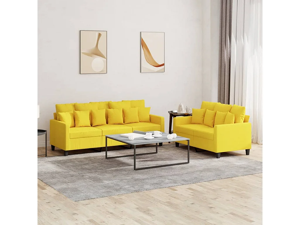 2 pcs conjunto de sofás com almofadões tecido amarelo-claro