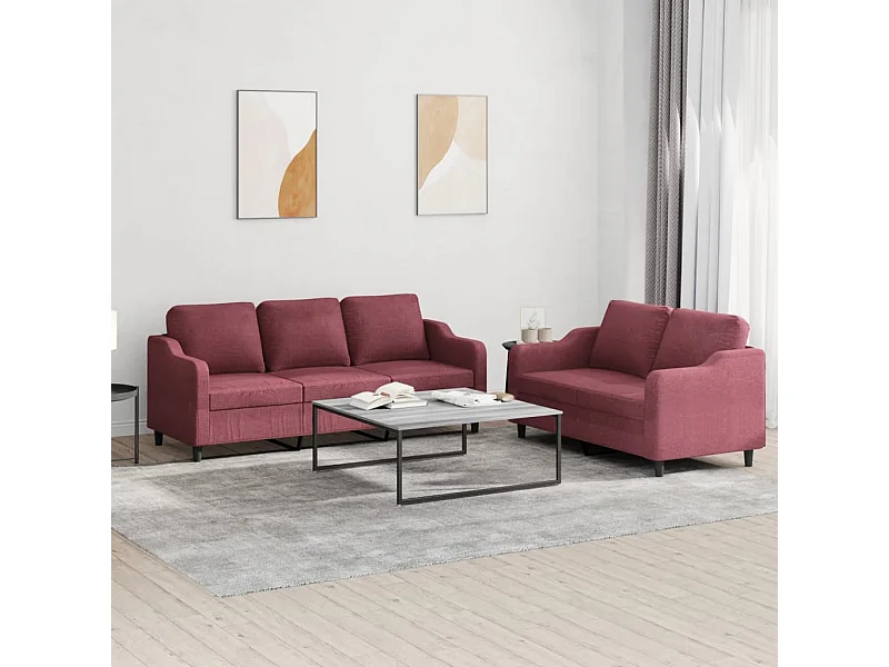 Set di Divani 2 pz con Cuscini Rosso Vino in Tessuto