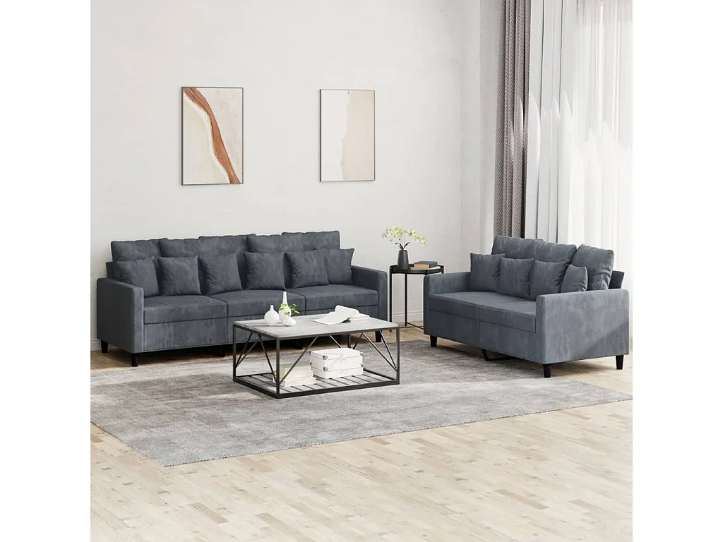 2 pcs conjunto de sofás com almofadões veludo cinzento-escuro