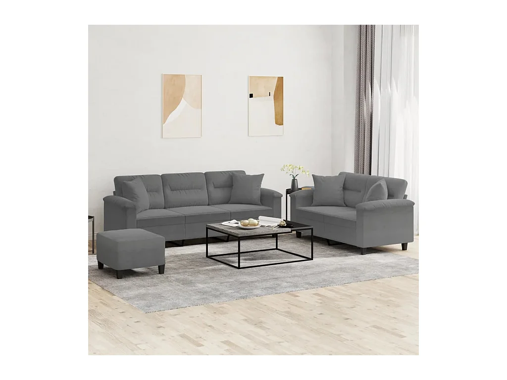 Ensemble de canapés 3 pcs coussins Gris foncé Tissu microfibre