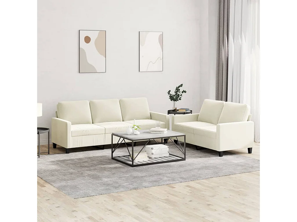 2-tlg. Sofagarnitur mit Kissen Creme Samt