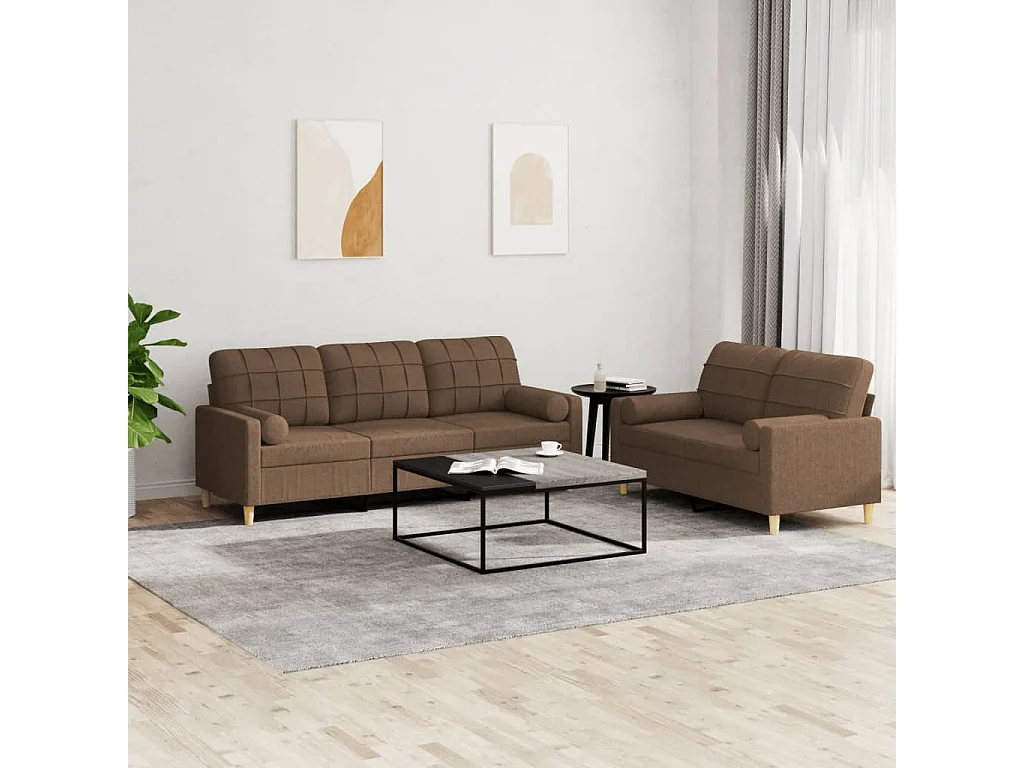 Ensemble de canapés 2 pcs avec coussins marron tissu