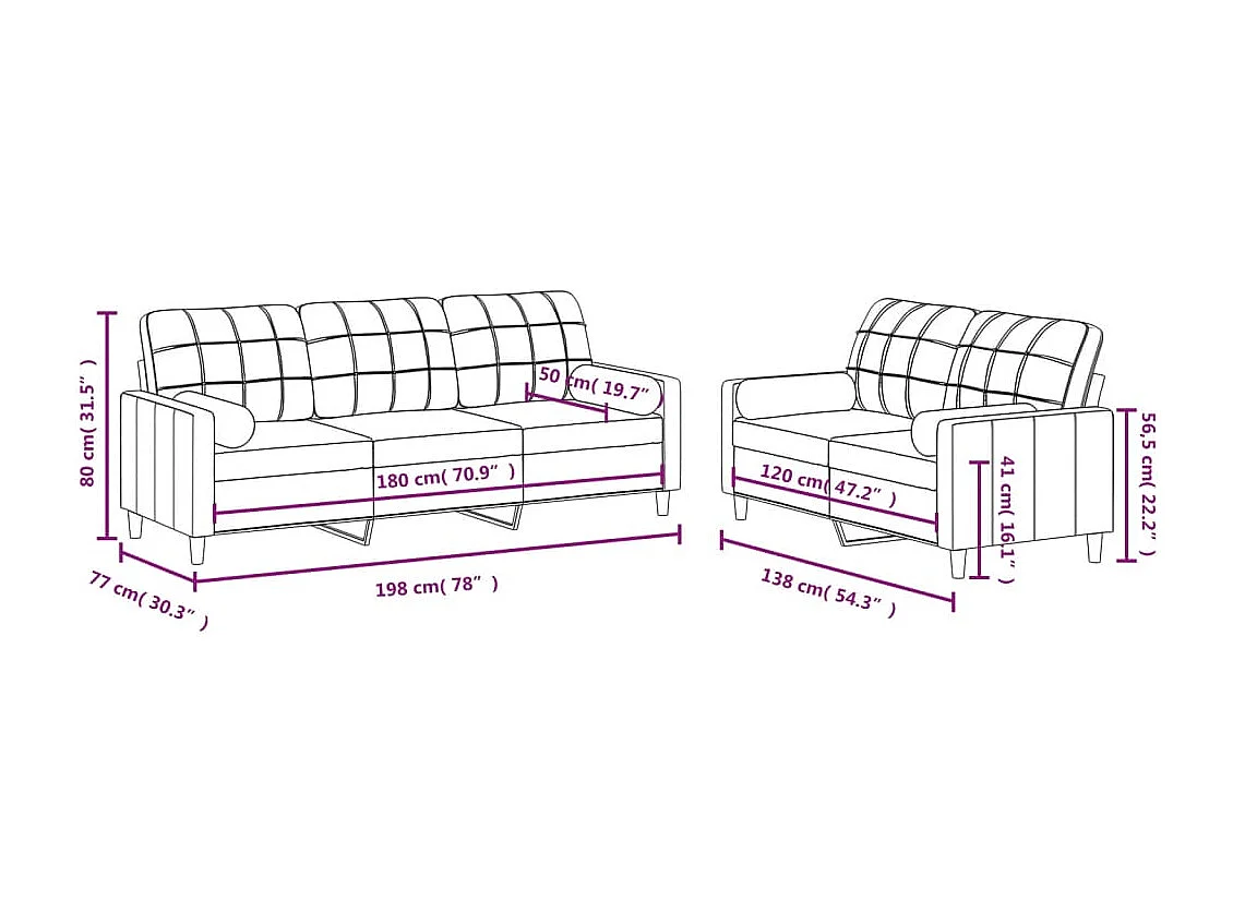 Ensemble de canapés 2 pcs avec coussins marron tissu