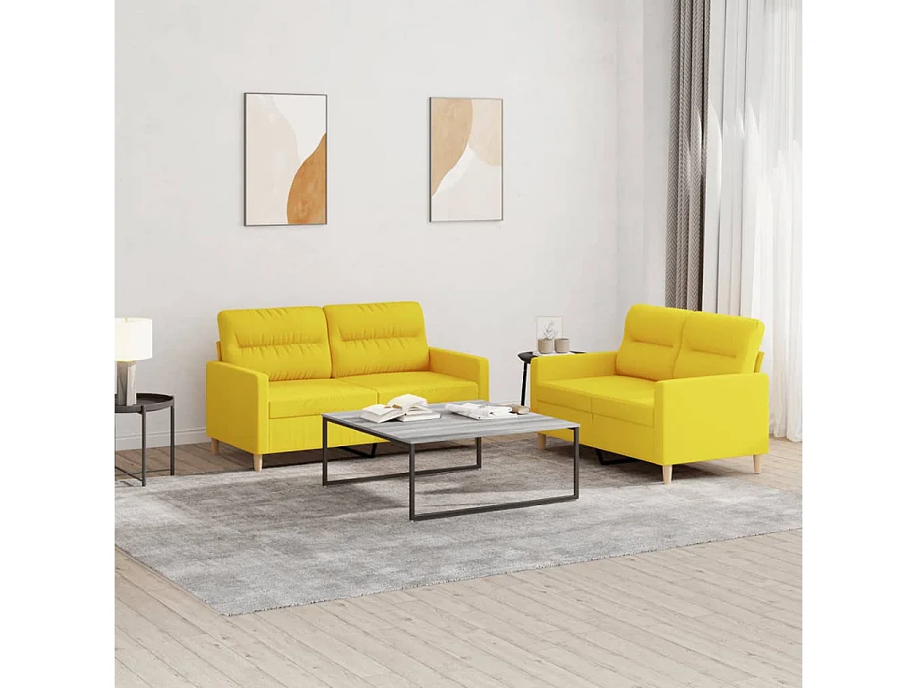 2 pcs conjunto de sofás com almofadões tecido amarelo-claro