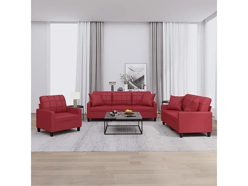 Set di Divani 3 pz con Cuscini Rosso Vino in Similpelle