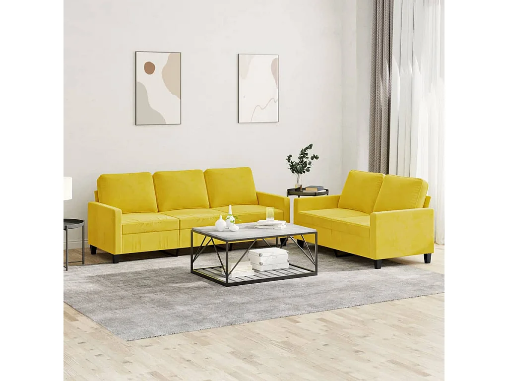 Set di Divani 2 pz con Cuscini giallo in Velluto