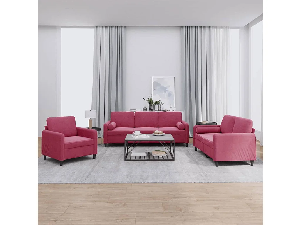3 pcs conjunto de sofás com almofadas veludo vermelho-tinto