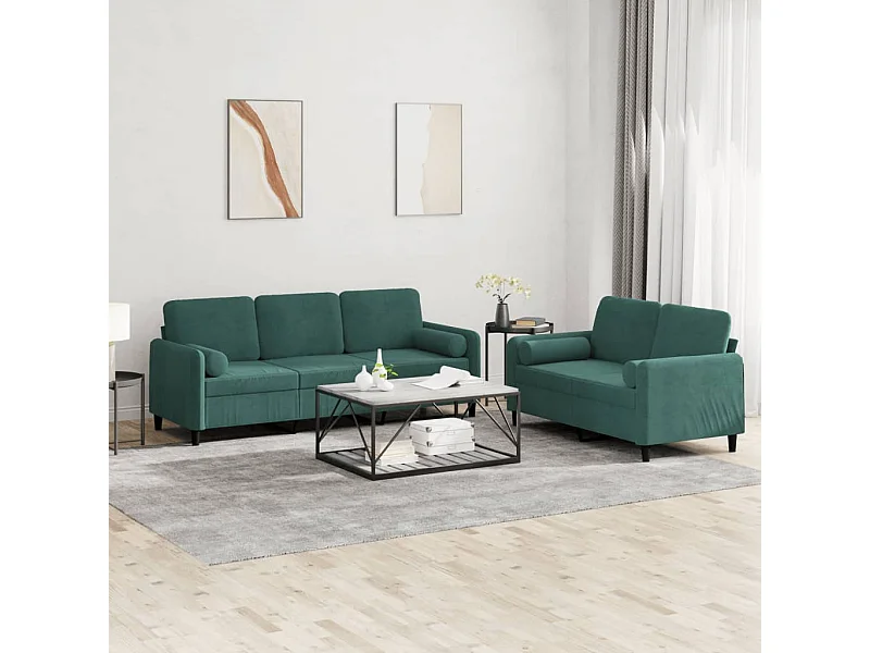 Ensemble de canapés 2 pcs avec coussins vert foncé velours
