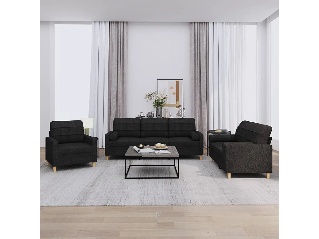 Ensemble de canapés 3 pcs avec coussins noir tissu