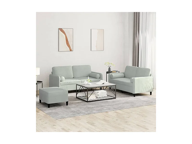 Set di Divani 3 pz con Cuscini Grigio Chiaro in Velluto