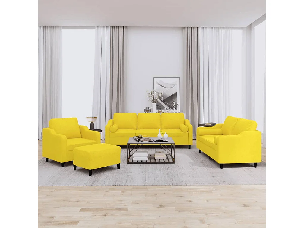 Set di Divani 4 pz con Cuscini Giallo Chiaro in Tessuto