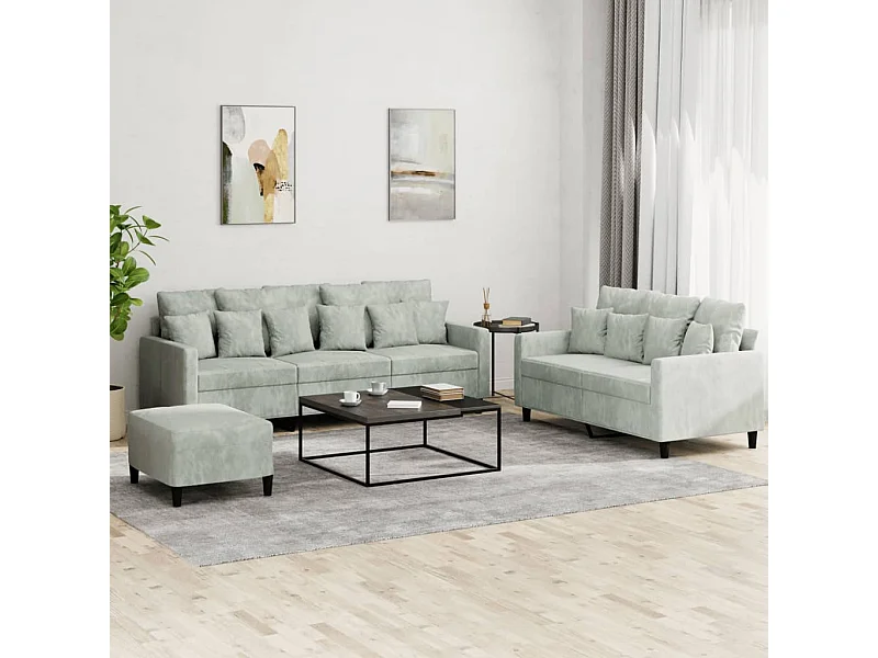 3 pcs conjunto de sofás com almofadões veludo cinzento-claro