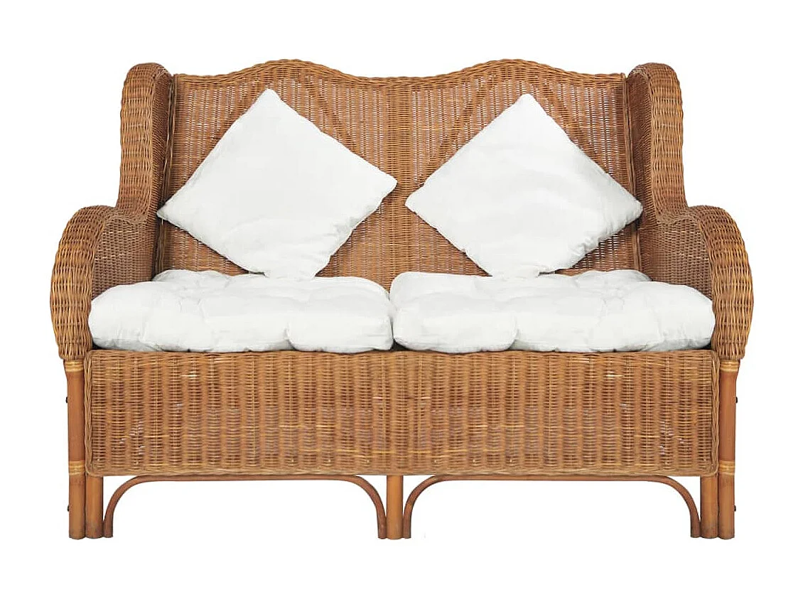 Bank 2-zits natuurlijk rattan en linnen lichtbruin