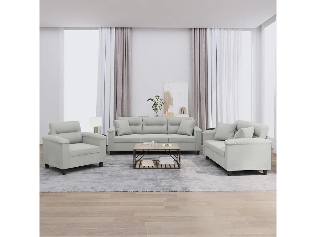 Set Divani 3 pz con Cuscini Grigio Chiaro in Tessuto Microfibra