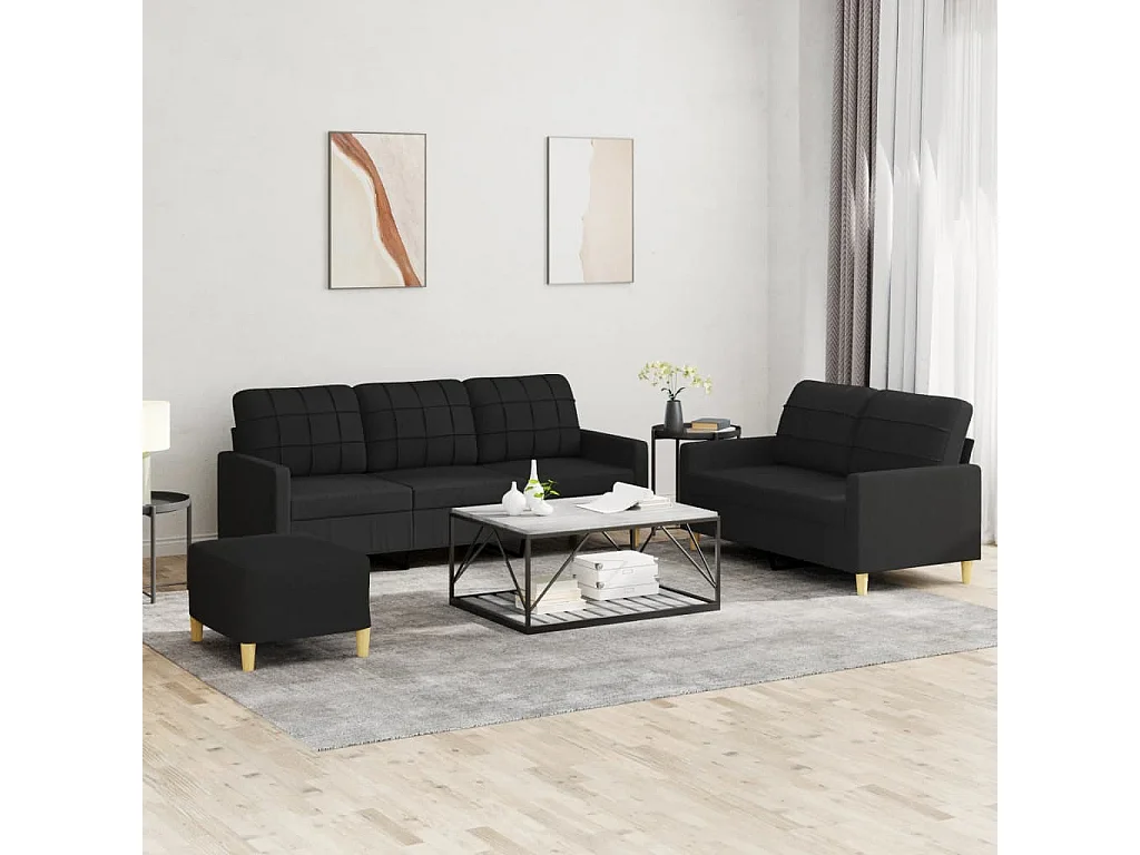 3 pcs conjunto de sofás com almofadões tecido preto