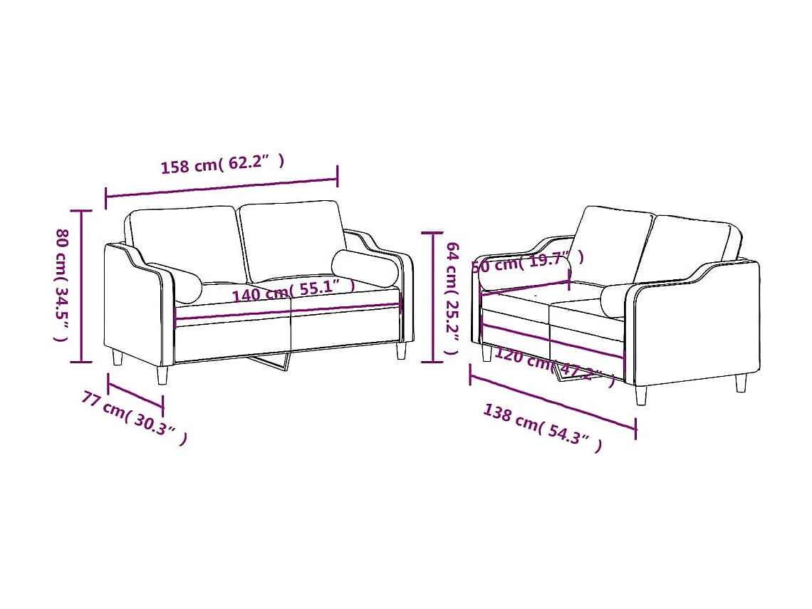 Ensemble de canapés 2 pcs coussins gris clair tissu