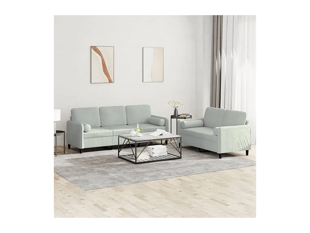 Set di Divani 2 pz con Cuscini Grigio Chiaro in Velluto