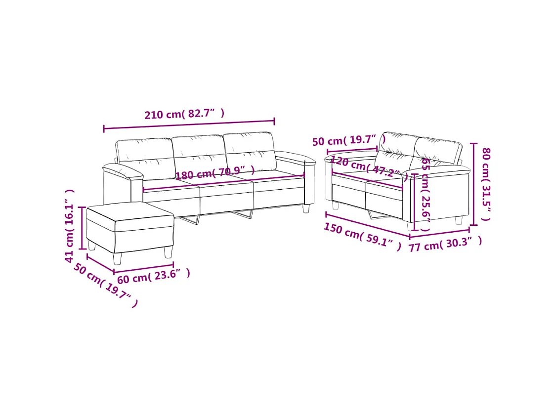 3-delige Loungeset met kussens microvezelstof lichtgrijs