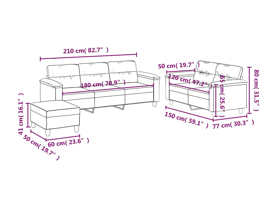 3-delige Loungeset met kussens microvezelstof lichtgrijs