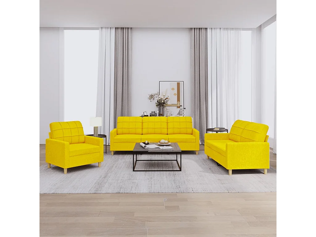 Set di Divani 3 pz con Cuscini Giallo Chiaro in Tessuto