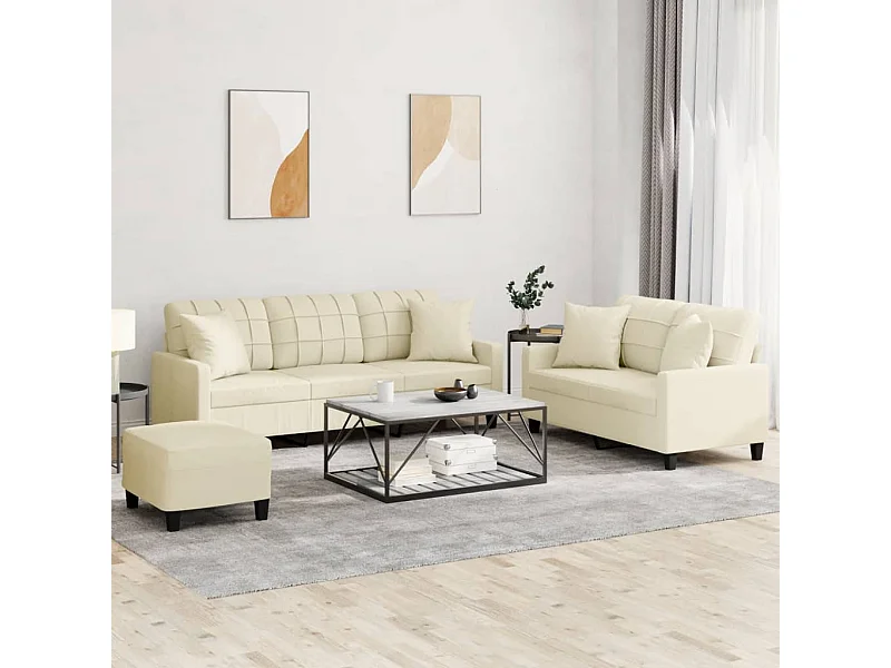 Set di Divani 3 pz con Cuscini Crema in Similpelle