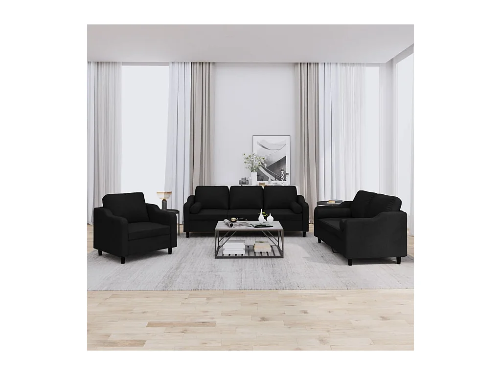 Ensemble de canapés 3 pcs avec coussins noir tissu