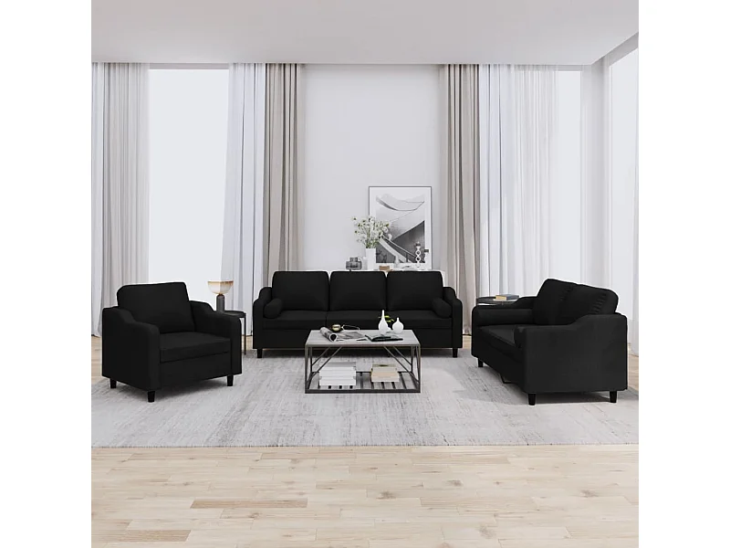 Ensemble de canapés 3 pcs avec coussins noir tissu