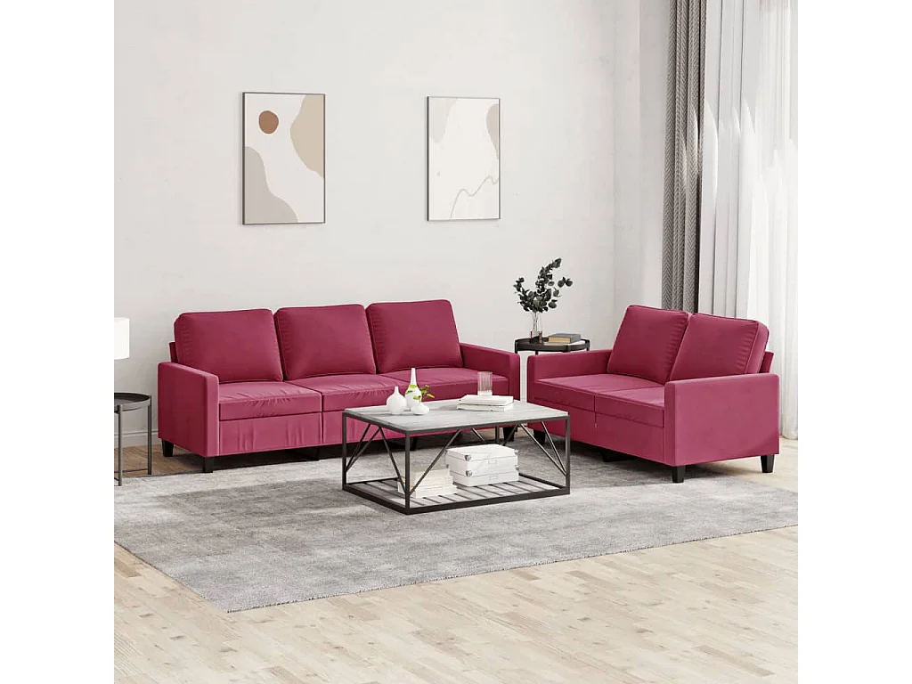 Set di Divani 2 pz con Cuscini Rosso Vino in Velluto