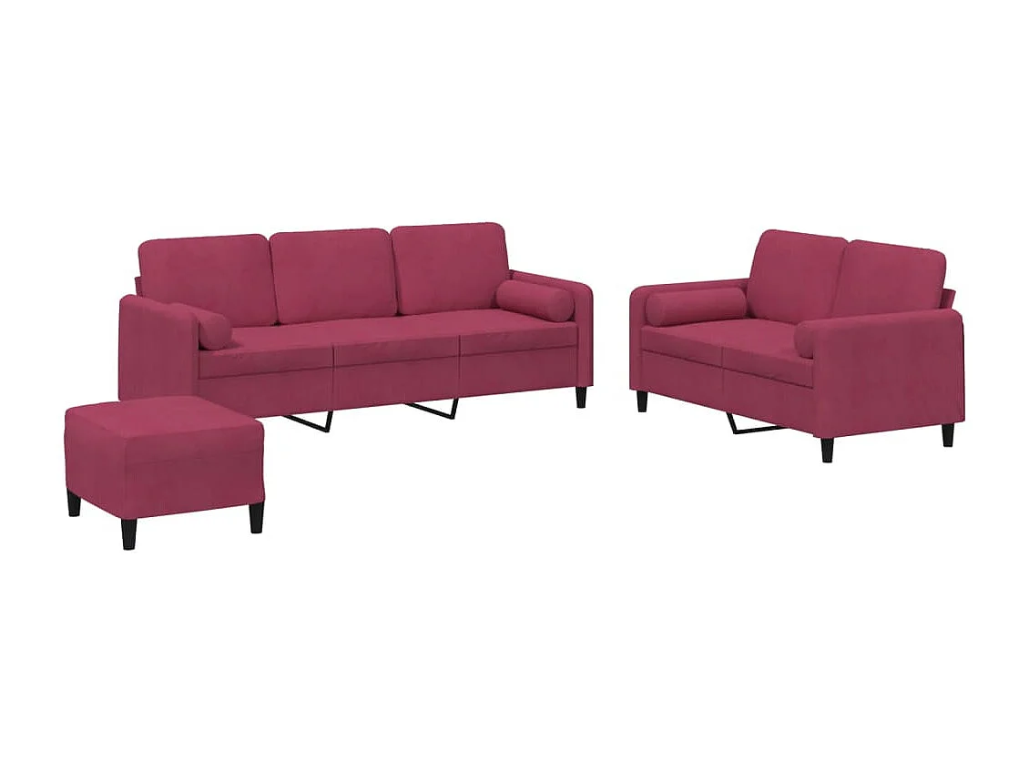 3-tlg. Sofagarnitur mit Kissen Weinrot Samt