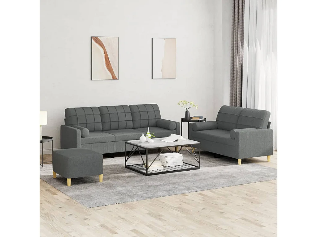 Ensemble de canapés 3 pcs coussins gris foncé tissu
