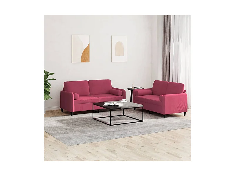 Set di Divani 2 pz con Cuscini Rosso Vino in Velluto