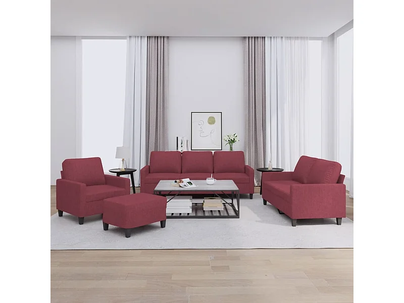 Set di Divani 4 pz con Cuscini Rosso Vino in Tessuto