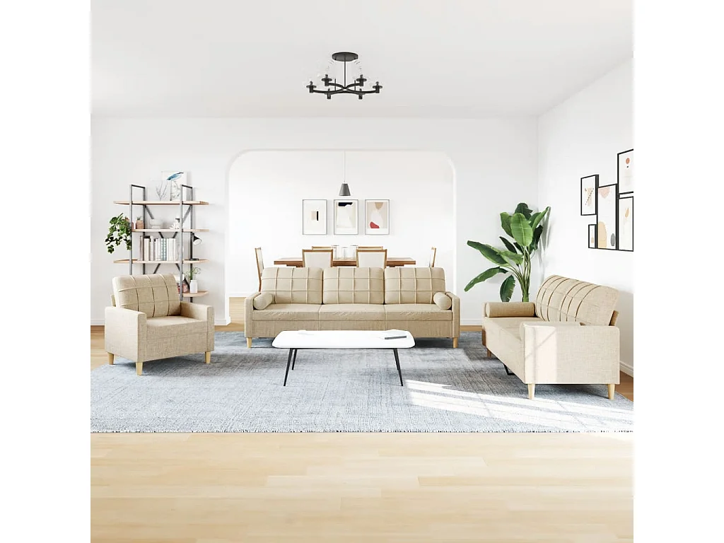 3pcs conjunto de sofás c/ almofadas decorativas tecido creme