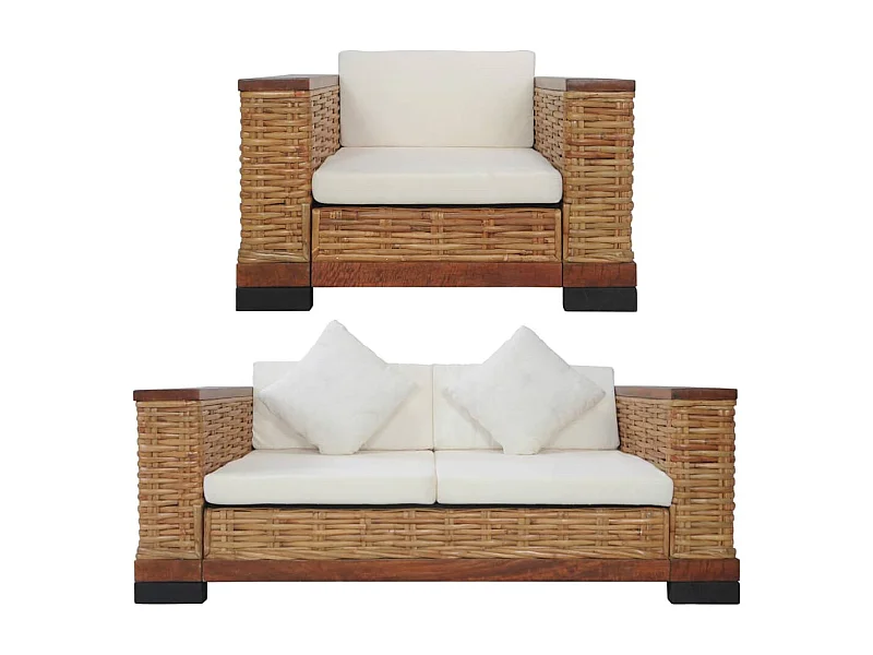 Set di Divani 2 pz con Cuscini in Rattan Naturale Marrone