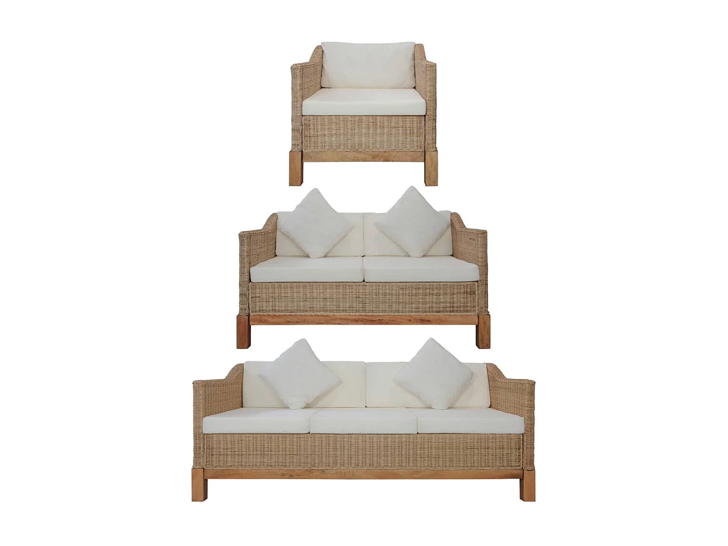 Set di Divani 3 pz con Cuscini in Rattan Naturale