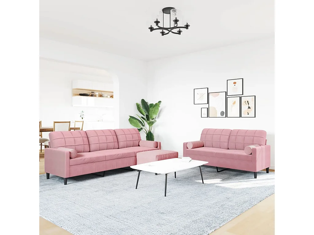 Set di Divani 3 pz con Cuscini e Rinforzi rosa in Velluto