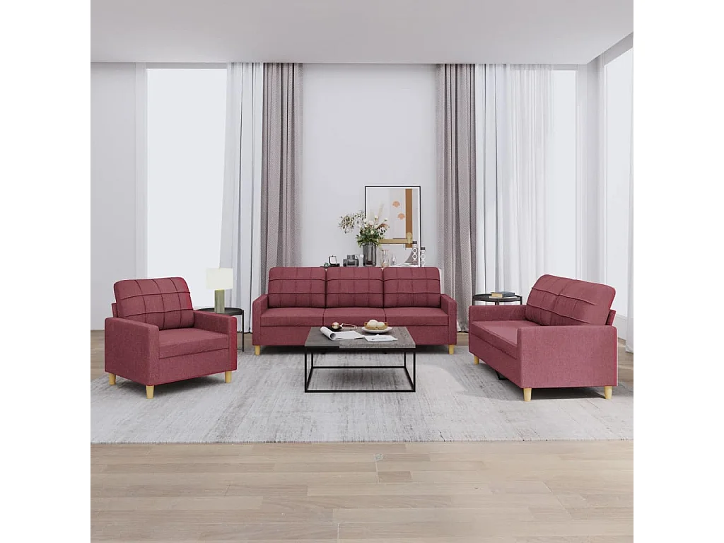 3 pcs conjunto de sofás com almofadões tecido vermelho tinto