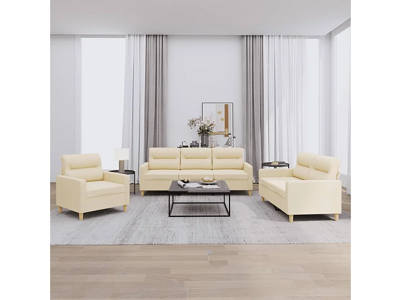 Set di Divani 3 pz con Cuscini Crema in Tessuto