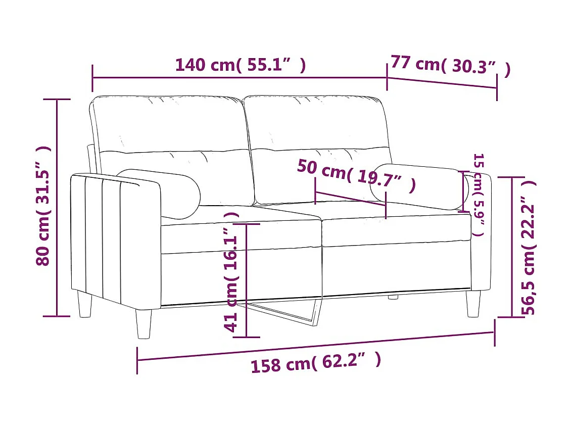 Canapé 2 places avec oreillers bordeaux 140 cm tissu