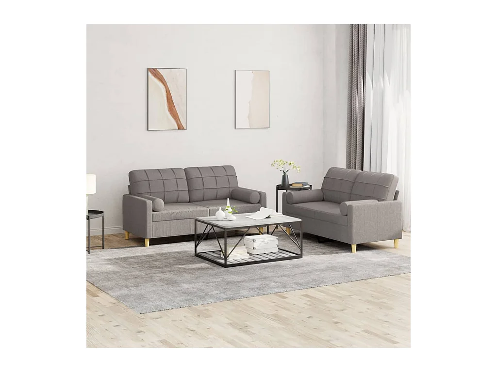 2-tlg. Sofagarnitur mit Kissen Taupe Stoff