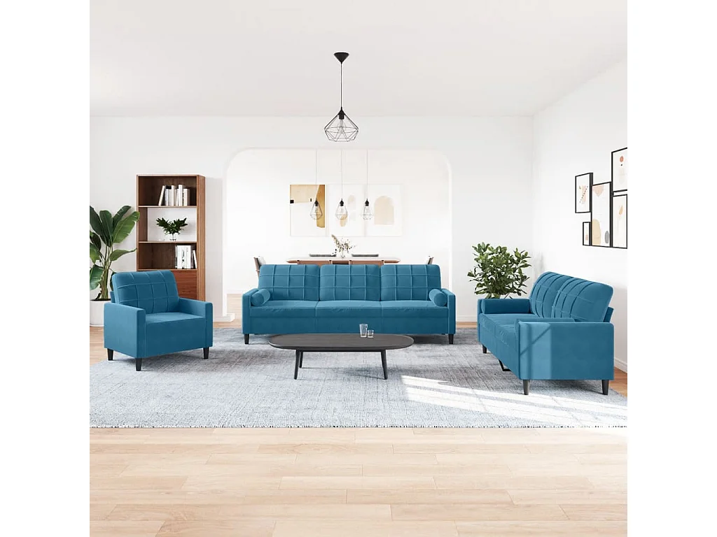 Ensemble de canapés 3pcs et coussins et traversins bleu velours