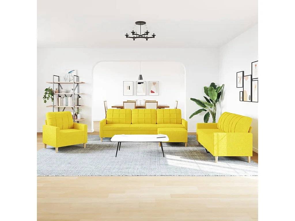 Set di Divani 4 pz con Poggiapiedi Giallo Chiaro in Tessuto