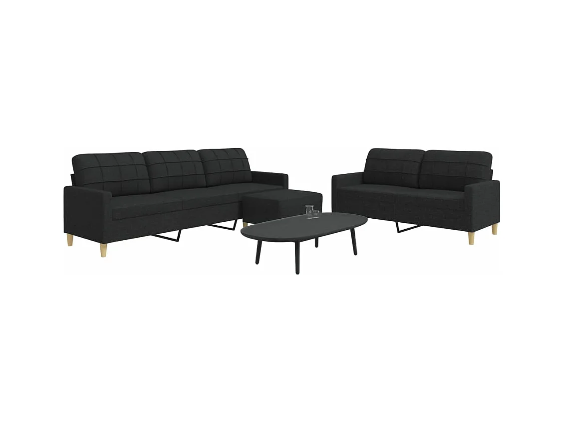 Set di Divani 3 pz con Poggiapiedi Nero in Tessuto